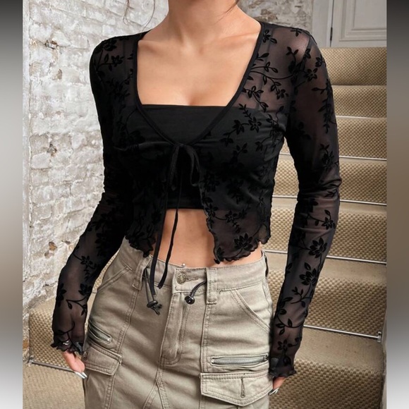 Tops - 3/$25 Black Sheer Floral Tie Long Sleeve Top